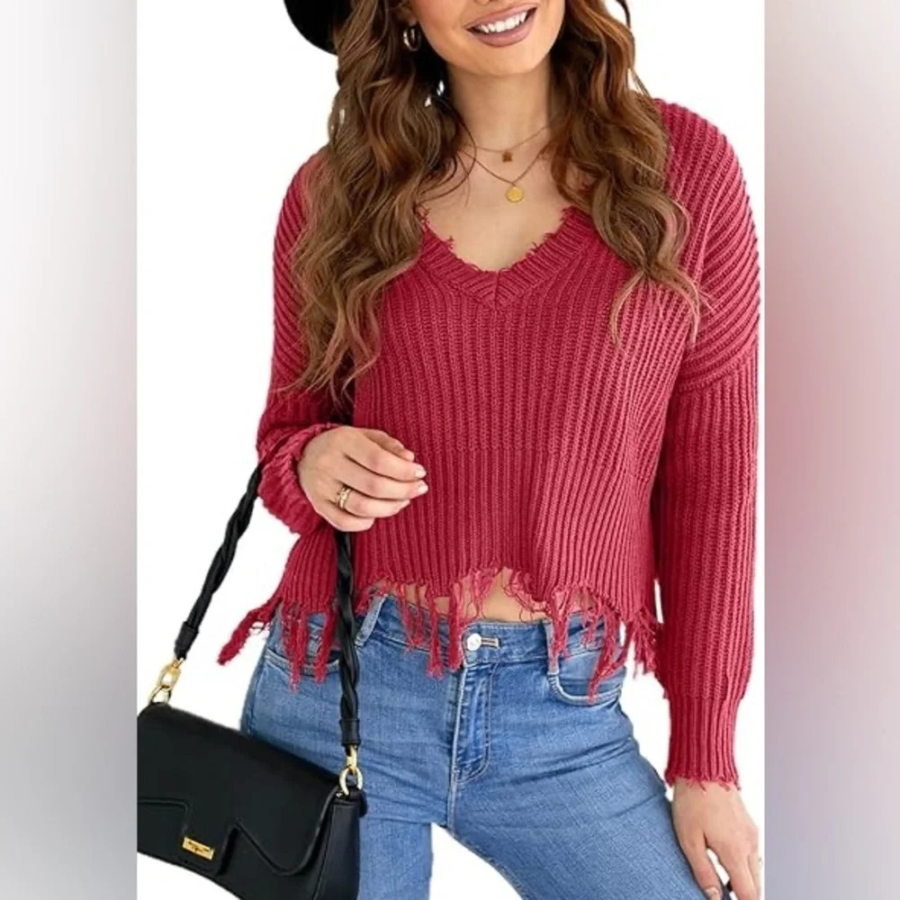 Fashion Forward: Guess Burgundy DESTROYED SWEATER'/Distressed/V-neck/Fringe knit